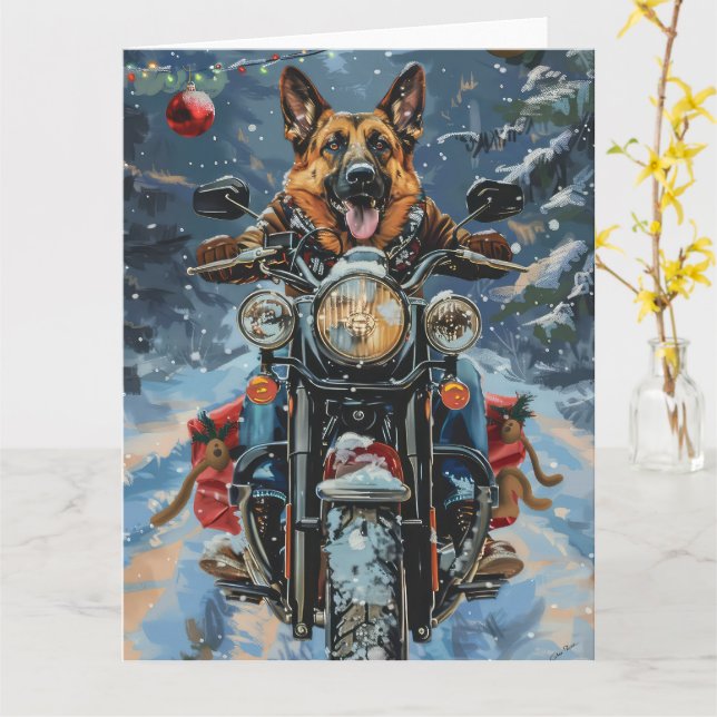 German Shepherd Dog Riding Motorcycle Christmas Card (Yellow Flower)