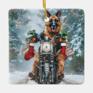 German Shepherd Dog Riding Motorcycle Christmas  Ceramic Ornament