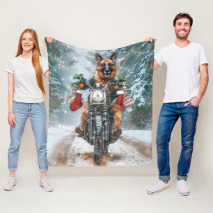 German Shepherd Dog Riding Motorcycle Christmas  Fleece Blanket