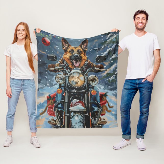 German Shepherd Dog Riding Motorcycle Christmas Fleece Blanket (In Situ)