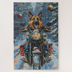 German Shepherd Dog Riding Motorcycle Christmas Jigsaw Puzzle