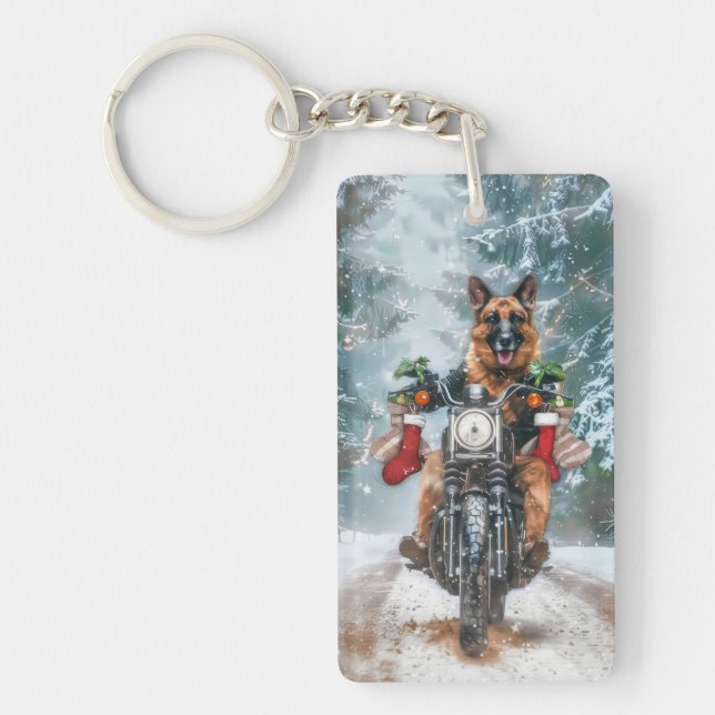 German Shepherd Dog Riding Motorcycle Christmas  Key Ring (Front)