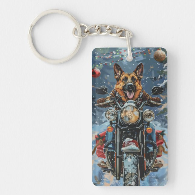 German Shepherd Dog Riding Motorcycle Christmas Key Ring (Front)