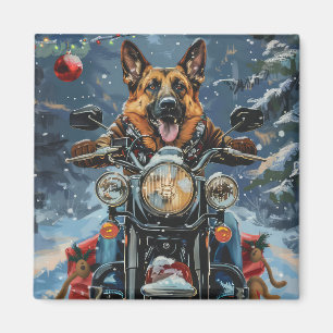 German Shepherd Dog Riding Motorcycle Christmas Magnet