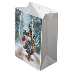 German Shepherd Dog Riding Motorcycle Christmas  Medium Gift Bag