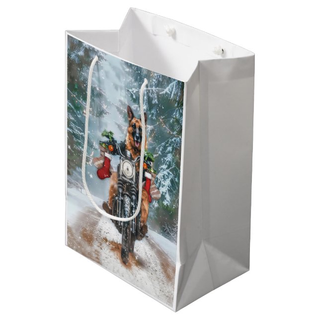 German Shepherd Dog Riding Motorcycle Christmas  Medium Gift Bag (Front Angled)