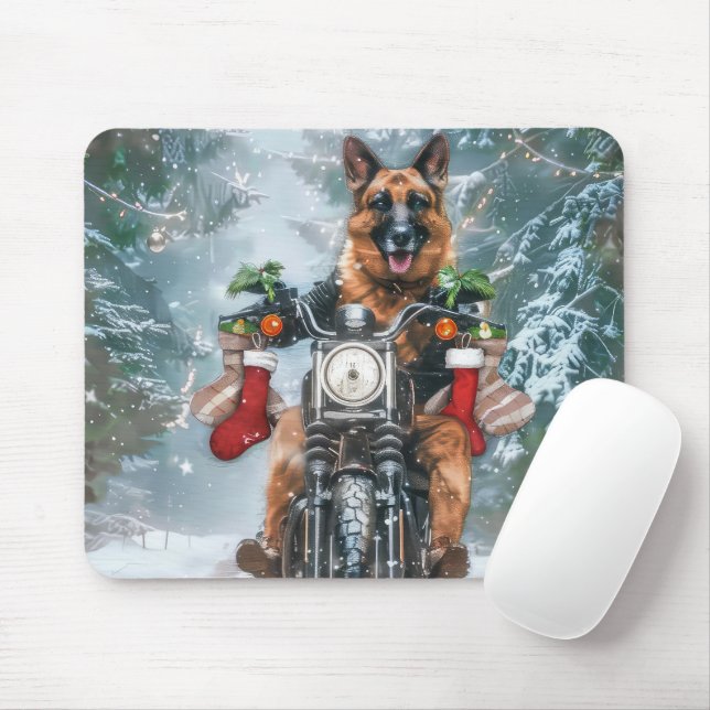 German Shepherd Dog Riding Motorcycle Christmas  Mouse Mat (With Mouse)