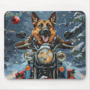 German Shepherd Dog Riding Motorcycle Christmas Mouse Mat
