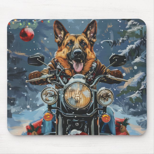 German Shepherd Dog Riding Motorcycle Christmas Mouse Mat (Front)