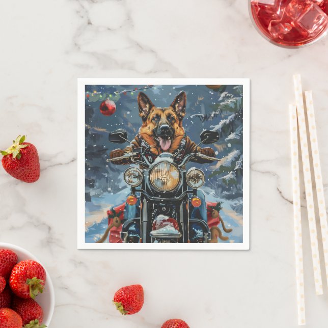 German Shepherd Dog Riding Motorcycle Christmas Napkin (Insitu)