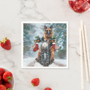 German Shepherd Dog Riding Motorcycle Christmas  Napkin