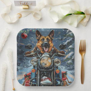 German Shepherd Dog Riding Motorcycle Christmas Paper Plate