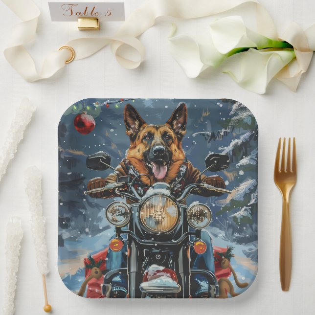 German Shepherd Dog Riding Motorcycle Christmas Paper Plate (Wedding)
