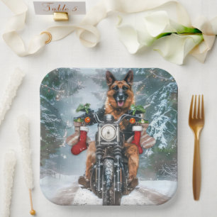 German Shepherd Dog Riding Motorcycle Christmas  Paper Plate