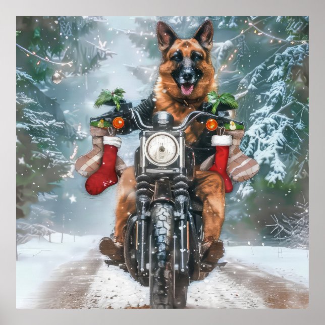 German Shepherd Dog Riding Motorcycle Christmas  Poster (Front)