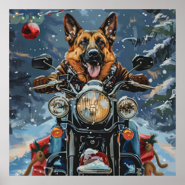 German Shepherd Dog Riding Motorcycle Christmas Poster (Front)