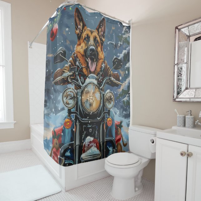 German Shepherd Dog Riding Motorcycle Christmas Shower Curtain (In Situ)