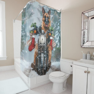 German Shepherd Dog Riding Motorcycle Christmas  Shower Curtain
