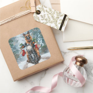 German Shepherd Dog Riding Motorcycle Christmas  Square Sticker