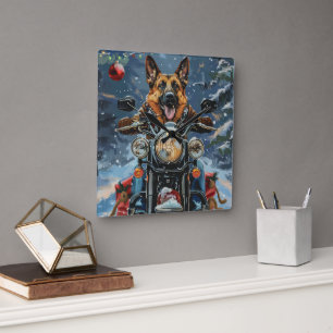 German Shepherd Dog Riding Motorcycle Christmas Square Wall Clock