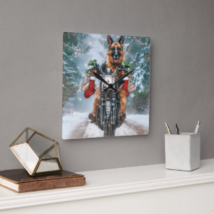 German Shepherd Dog Riding Motorcycle Christmas  Square Wall Clock