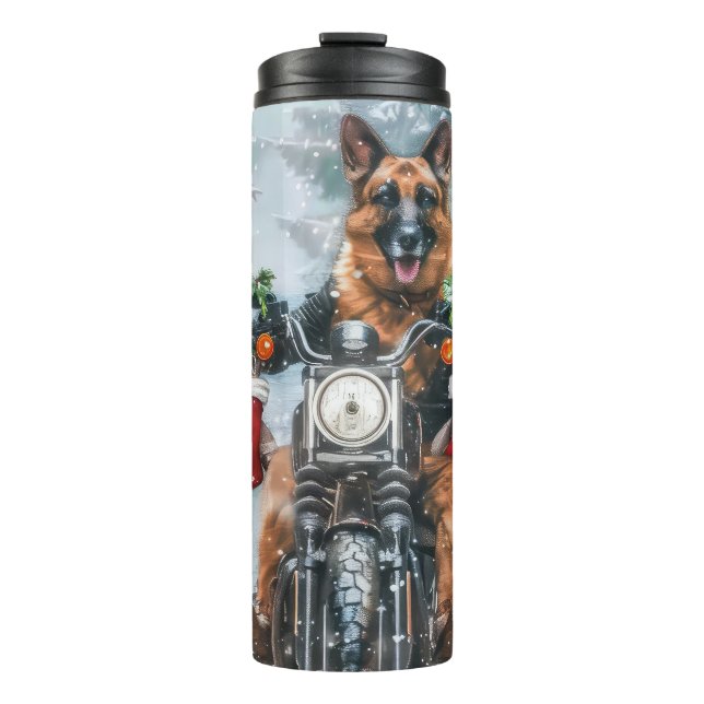 German Shepherd Dog Riding Motorcycle Christmas  Thermal Tumbler (Front)