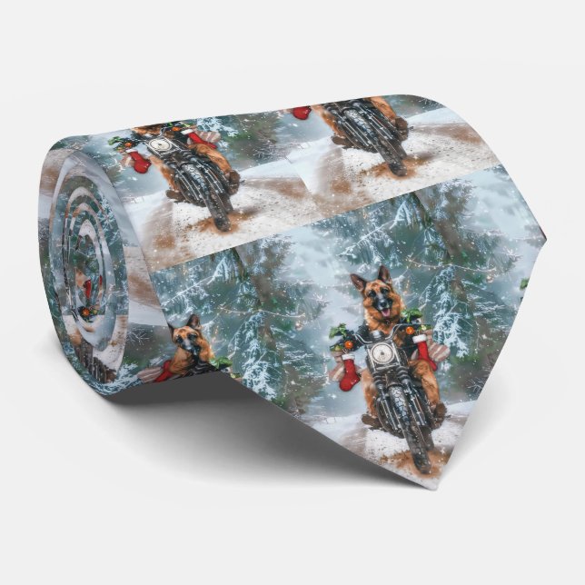 German Shepherd Dog Riding Motorcycle Christmas  Tie (Rolled)