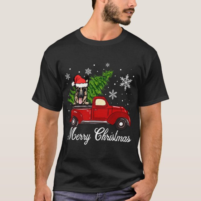 German Shepherd Dog Riding Red Truck Christmas Dec T-Shirt (Front)