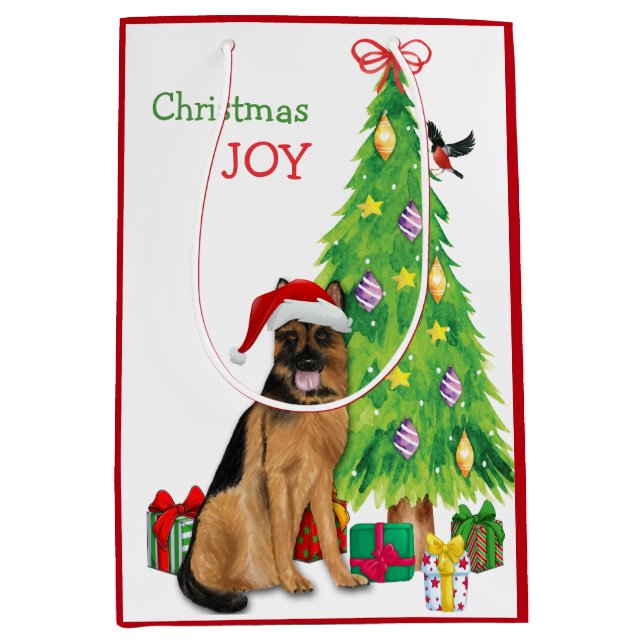 German Shepherd Dog Santa Hat and Christmas Tree Medium Gift Bag (Front)