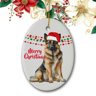 German Shepherd Dog Santa Hat Holiday Beads Ceramic Tree Decoration