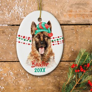 German Shepherd Dog Santa Hat Holiday String Beads Ceramic Tree Decoration