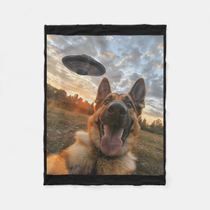 German Shepherd Dog Selfie With Ufos Aliens Funny Fleece Blanket