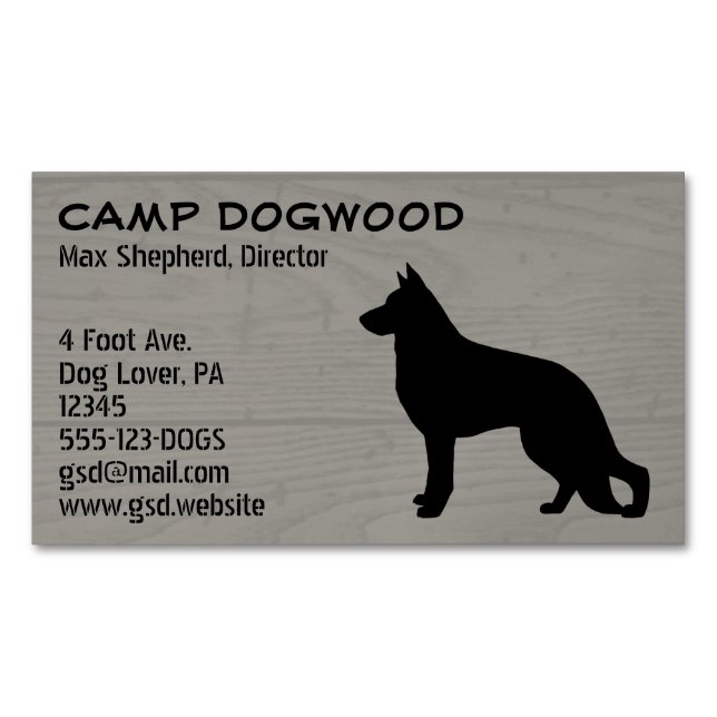 German Shepherd Dog Silhouette Faux Wood Style Magnetic Business Card (Front)
