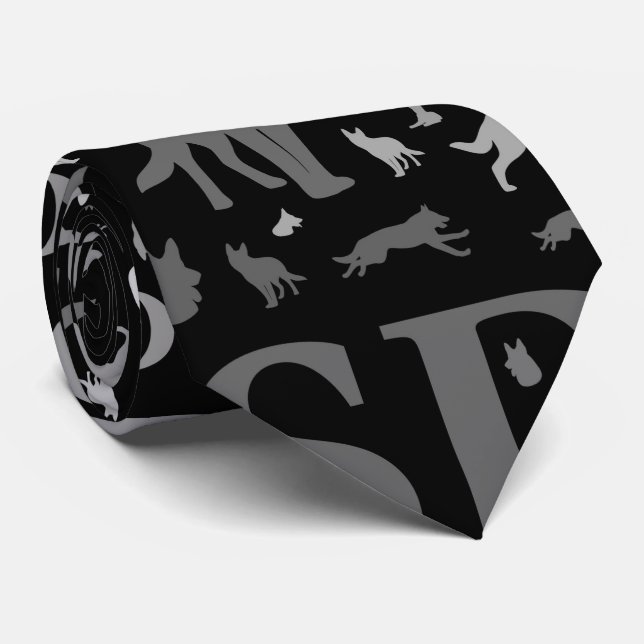German Shepherd Dog Silhouettes -Grayscale Tie (Rolled)