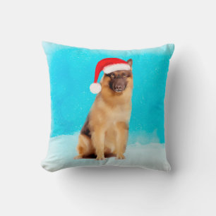 German Shepherd Dog  Sitting In Snow Santa Hat Cushion