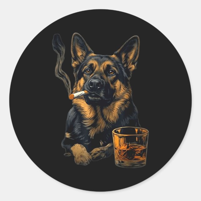 German Shepherd Dog Smoking Cigarette Whisky Lover Classic Round Sticker (Front)