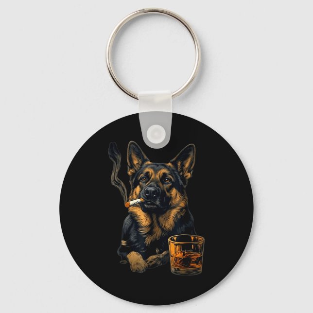 German Shepherd Dog Smoking Cigarette Whisky Lover Key Ring (Front)