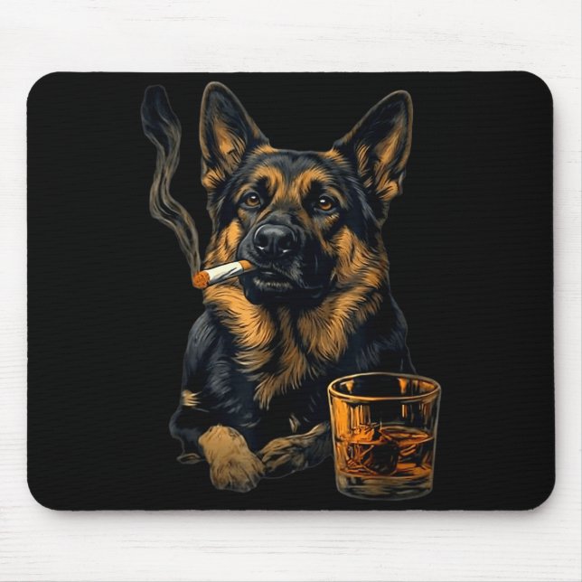 German Shepherd Dog Smoking Cigarette Whisky Lover Mouse Mat (Front)