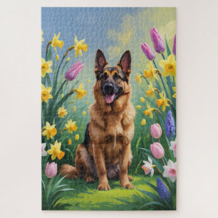 German Shepherd Dog Spring Flowers Painting Jigsaw Puzzle