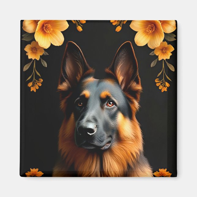 German Shepherd dog Surrounded by Vibrant Flowers Magnet (Front)