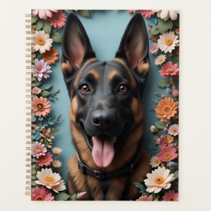 German Shepherd dog Surrounded by Vibrant Flowers Planner