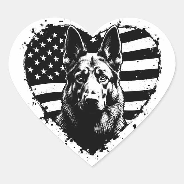German Shepherd Dog USA American Flag 4th Of July Heart Sticker (Front)
