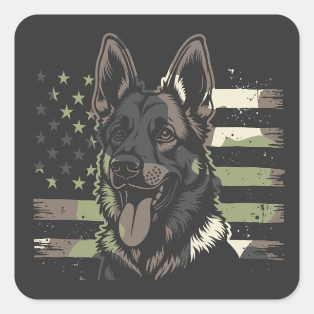 German Shepherd Dog USA American Flag 4th Of July Square Sticker (Front)