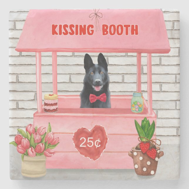 German Shepherd Dog Valentine's Day Kissing Booth Stone Coaster (Front)