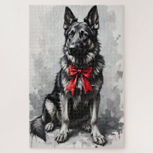 German Shepherd Dog Valentine's Day Red Bow Jigsaw Puzzle