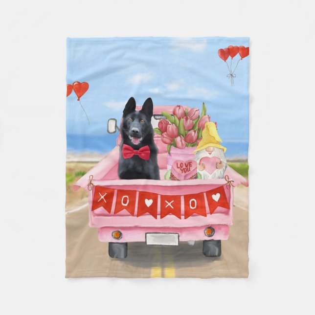 German Shepherd Dog Valentine's Day Truck Hearts Fleece Blanket (Front)