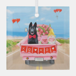 German Shepherd Dog Valentine's Day Truck Hearts Glass Tree Decoration