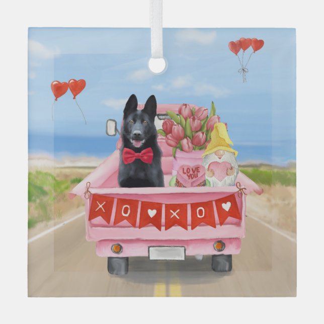 German Shepherd Dog Valentine's Day Truck Hearts Glass Tree Decoration (Front)