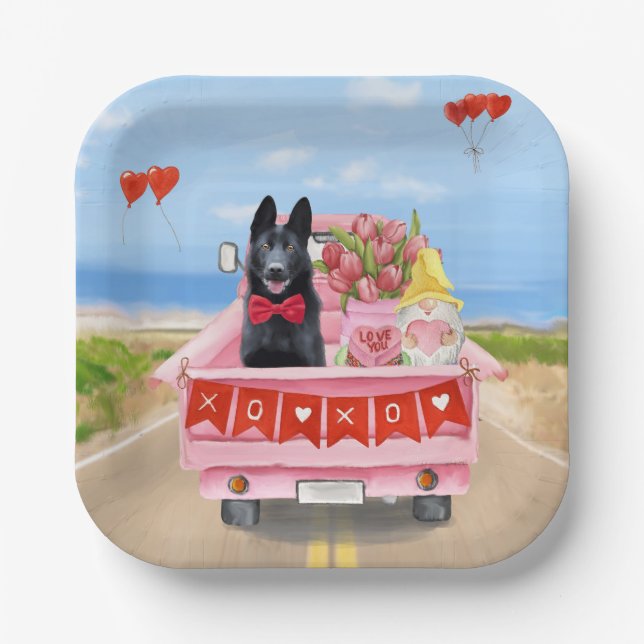 German Shepherd Dog Valentine's Day Truck Hearts Paper Plate (Front)
