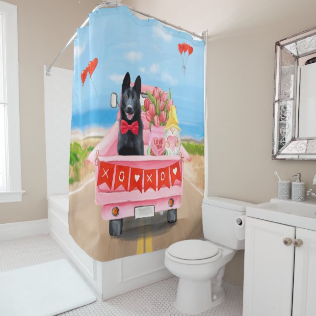 German Shepherd Dog Valentine's Day Truck Hearts  Shower Curtain (In Situ)
